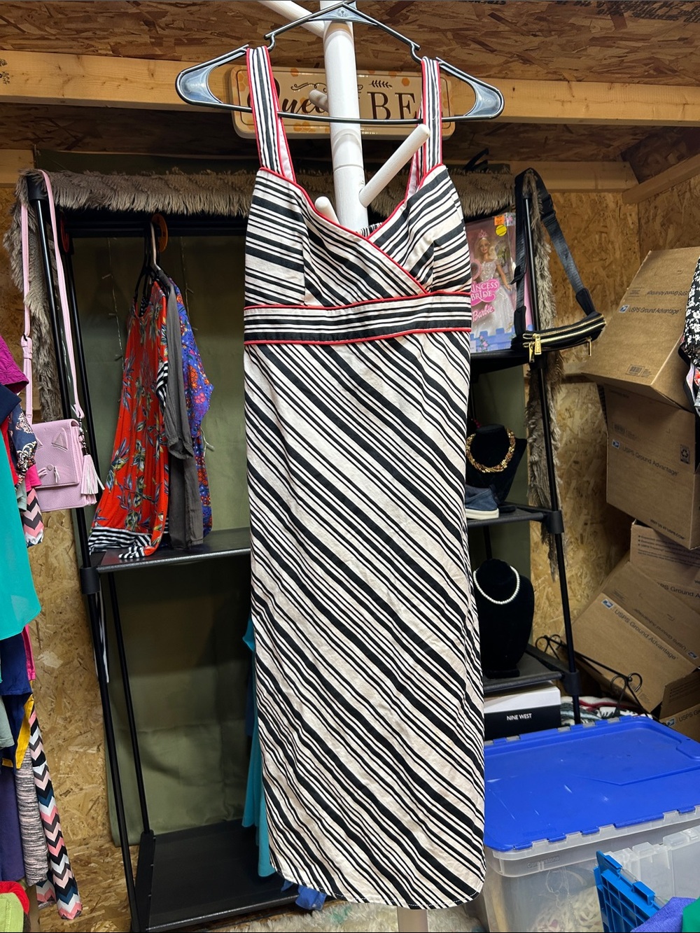 R&K Originals Striped Black and White Dress with Red Trim Size 8